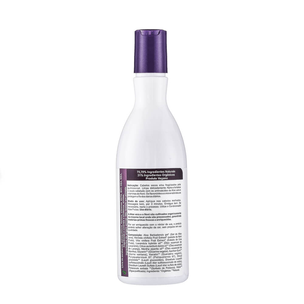 Shampoo Vegano Natural de Aloe Frutas com Uva e Noni para Cabelos Secos